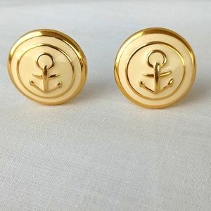 Nautical Gold & Cream Enamel Clip-on Button Earrings on Gold Tone Vintage